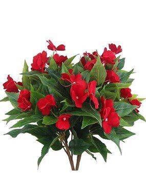 Artificial Red Impatiens Flowers 2 Stem Silk Bouquet UV Resistant Outdoor Garden